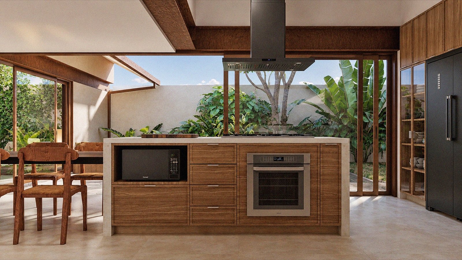 Cozinha integrada vista a partir da área de jantar