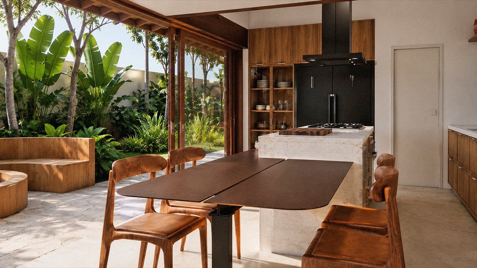 Mesa de jantar conectada à cozinha e ao paisagismo