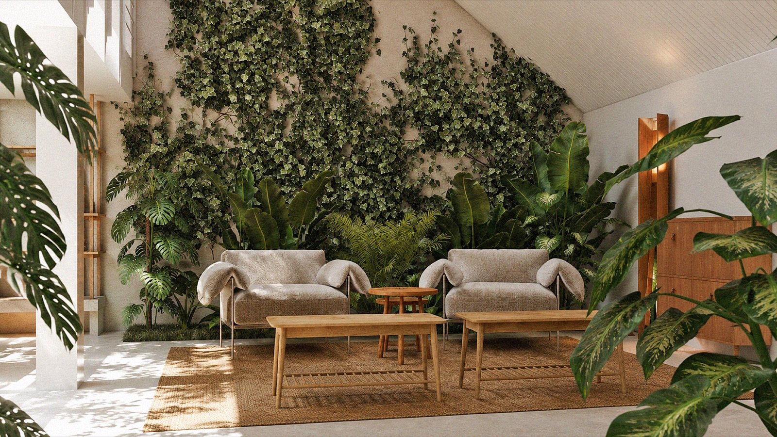 Sala de estar envolvida por vegetação