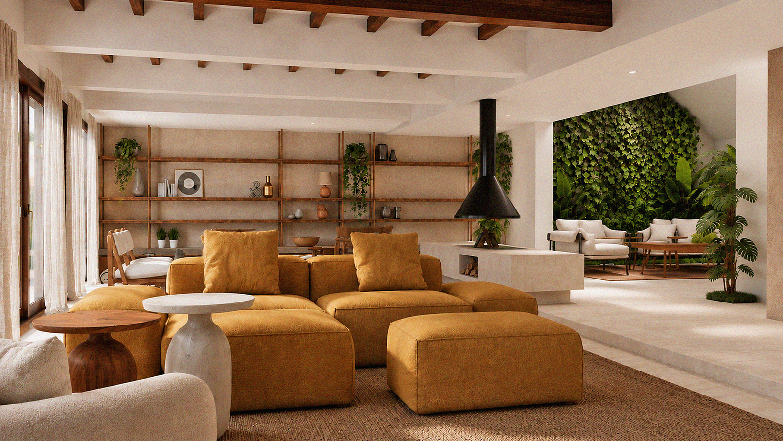 Living integrado com lareira, jardim interno e mobiliário em tons naturais