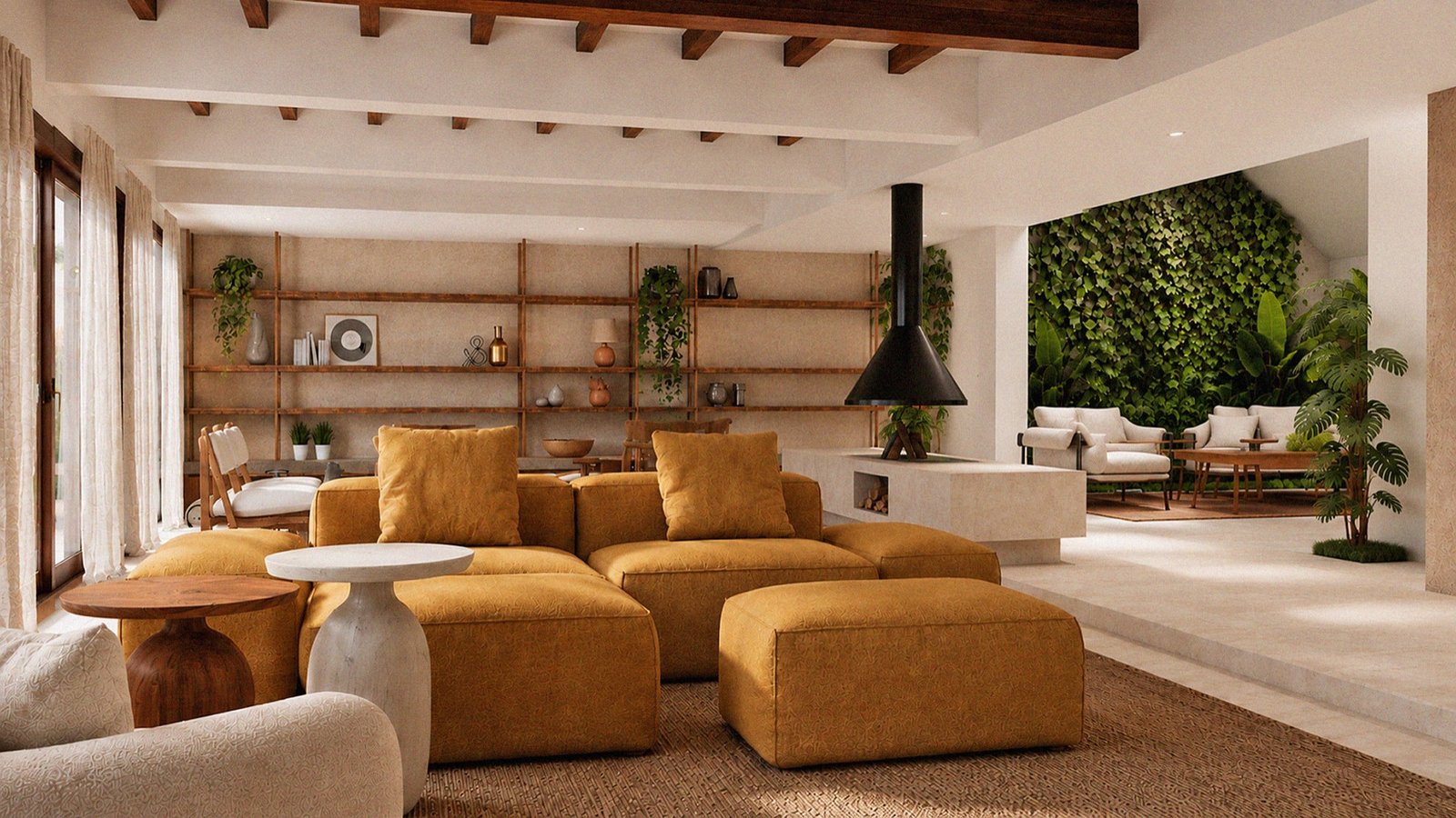 Living amplo com sofá em tons terrosos