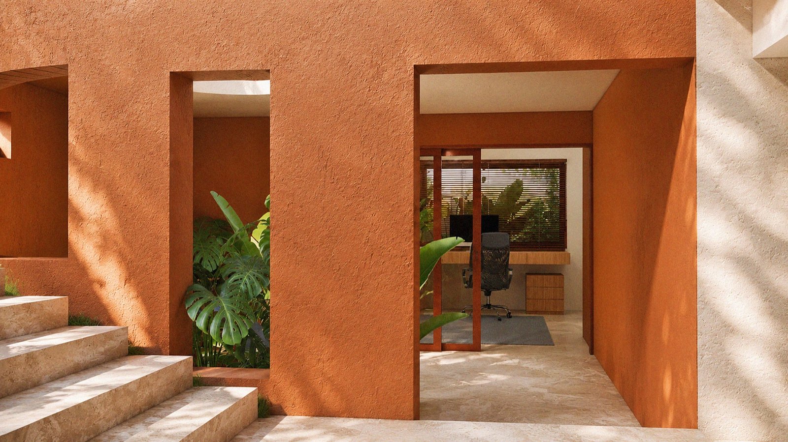 Passagem pelo pátio terracota em direção ao escritório